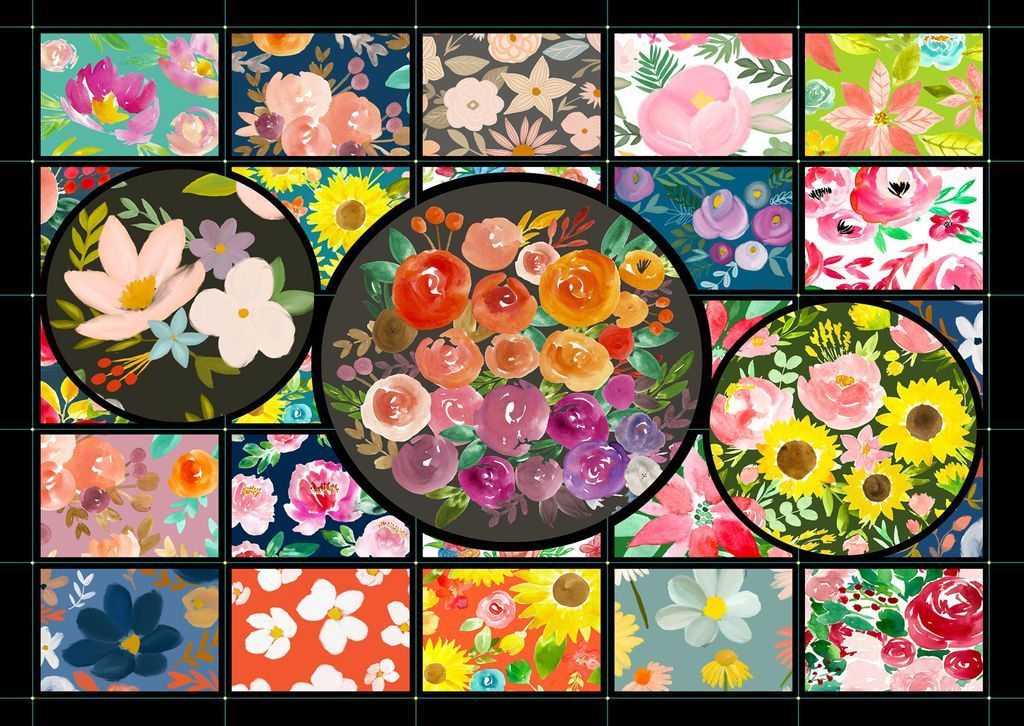 A collage of various floral patterns and centered bouquets in a grid layout.
