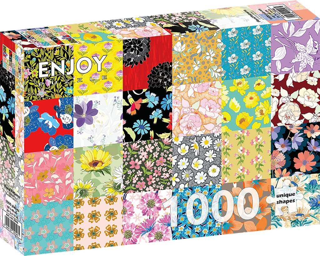 A collage of various floral patterns arranged in a grid-like patchwork design.