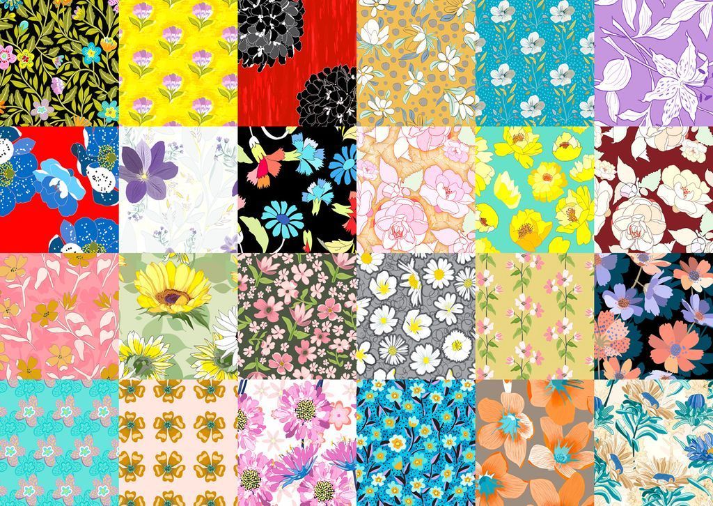 A grid of twenty-four square panels featuring various floral patterns in a wide range of colors and artistic styles.