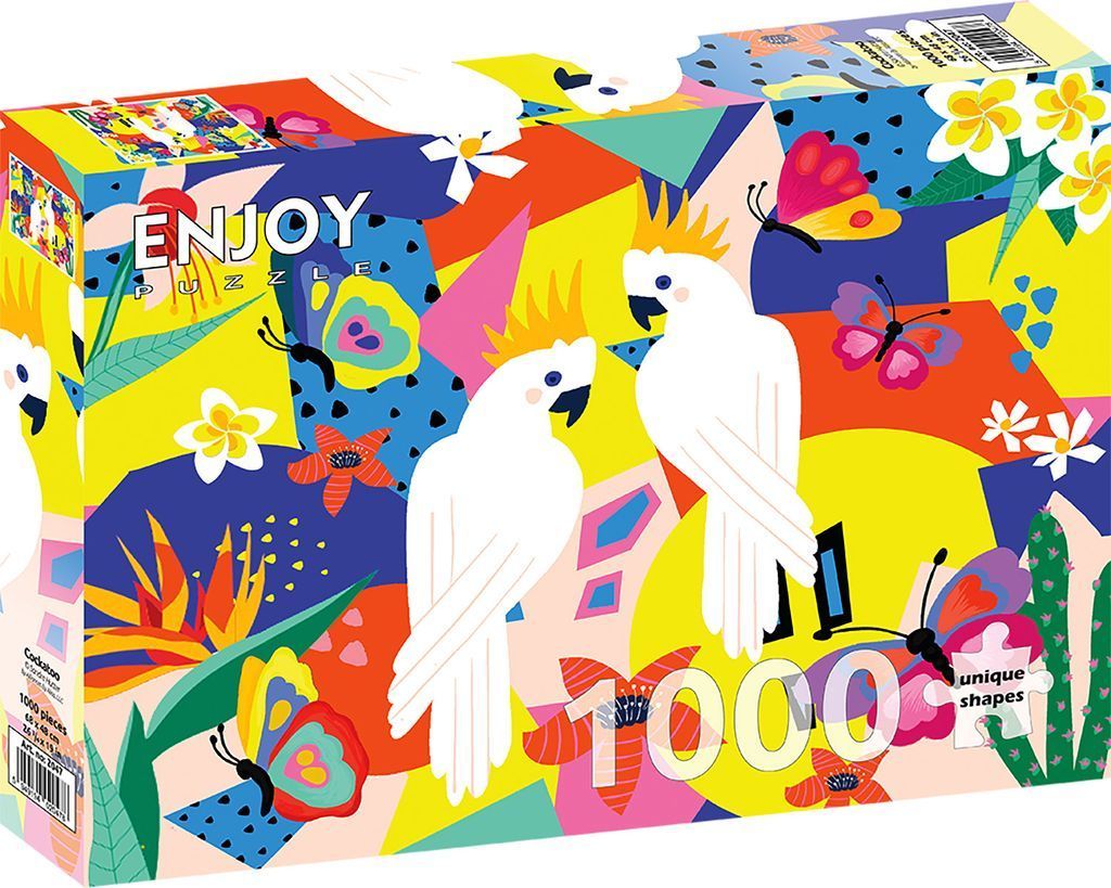Two white cockatoos with yellow crests surrounded by colorful abstract shapes, tropical flowers, and butterflies.