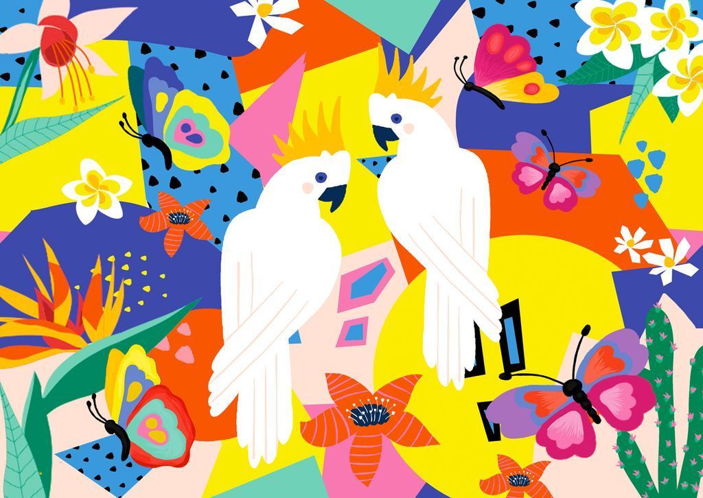 Two white cockatoos surrounded by vibrant abstract shapes, flowers, and colorful butterflies.
