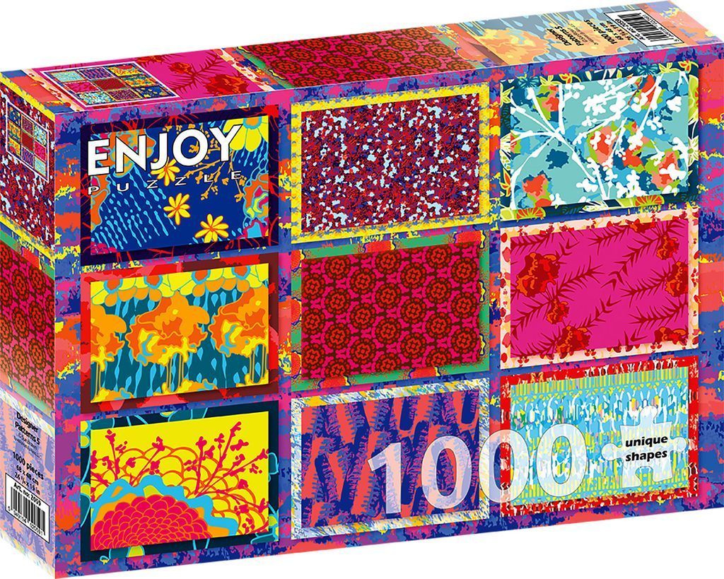 A collage of eight rectangular panels featuring vibrant, abstract, and floral patterns in high-contrast neon colors.