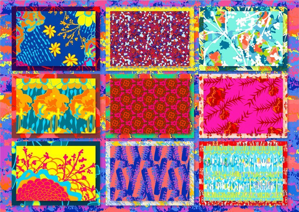 A collage of nine distinct, colorful abstract and floral patterns arranged in a grid against a vibrant, mottled background.