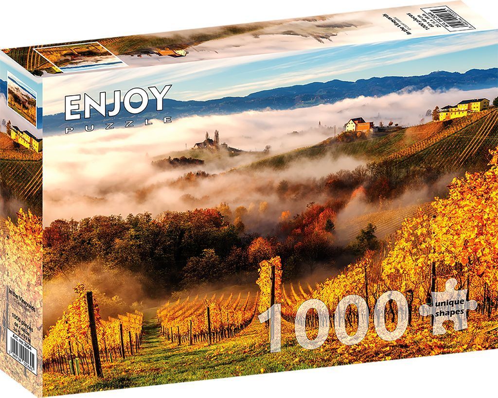 A foggy autumn landscape of terraced vineyards with golden vines and rolling hills under a blue sky.