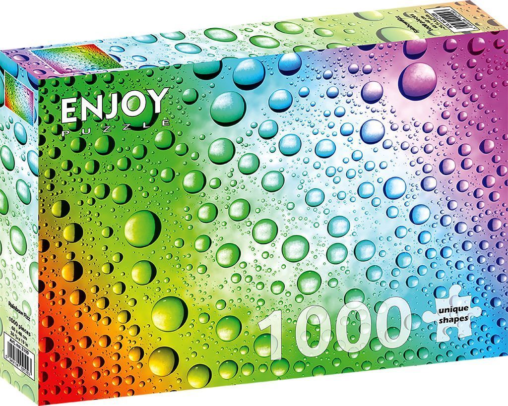 Close-up of multicolored water droplets against a vibrant rainbow gradient background.