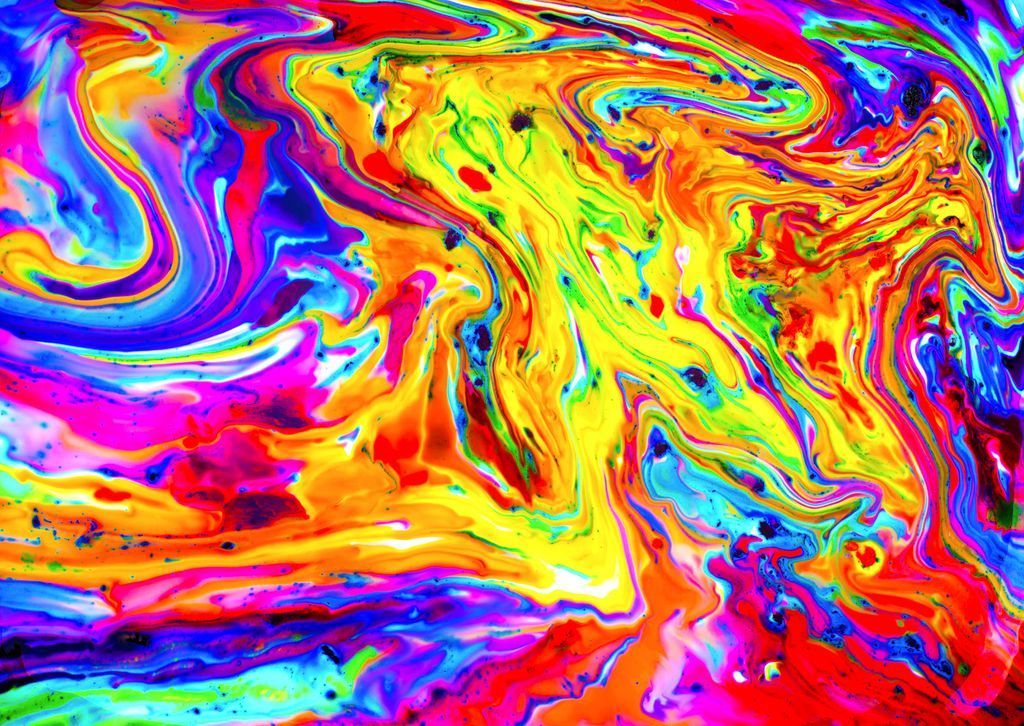 A vibrant abstract composition featuring swirling, marbled colors including neon yellow, electric blue, magenta, and orange.