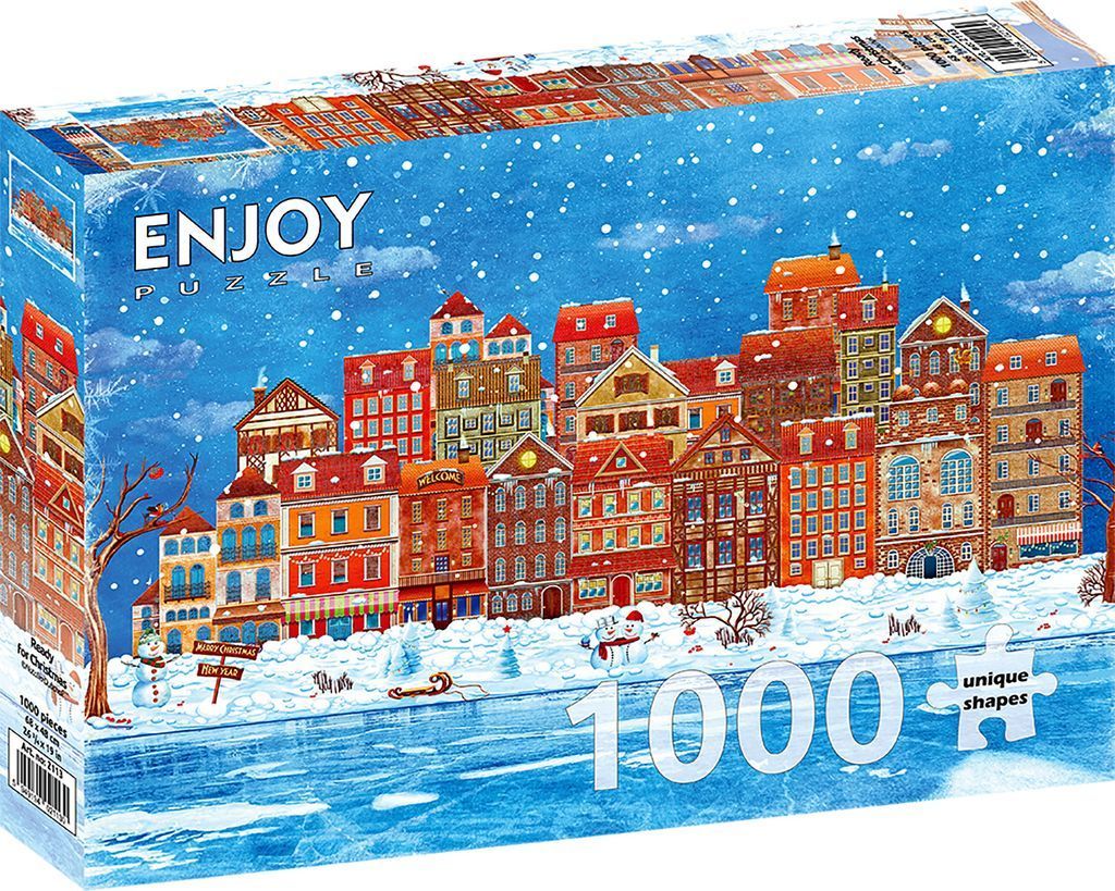 A whimsical illustration of a snowy European-style town square with colorful buildings and a frozen canal.