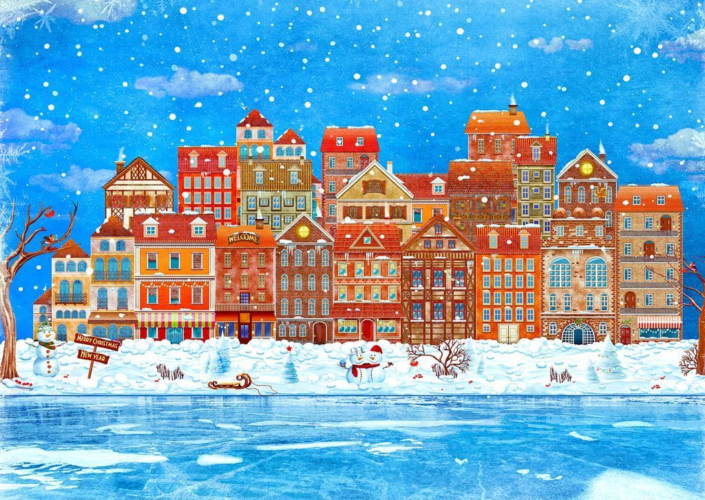 A festive, colorful European-style town street lined with historic buildings during a snowy winter day.