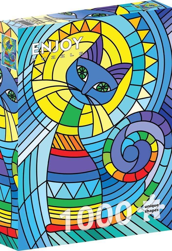 Stained glass style illustration of a colorful cat with a swirled tail.