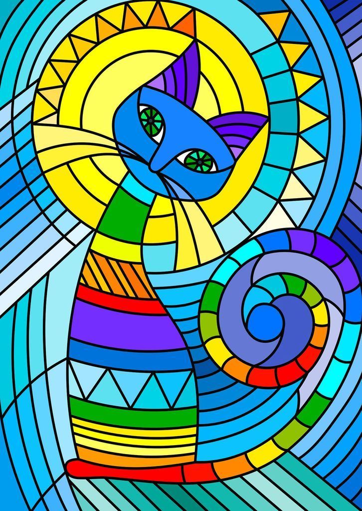 Stained glass style illustration of a vibrant cat in front of a yellow sun, featuring bold lines and rainbow colors.