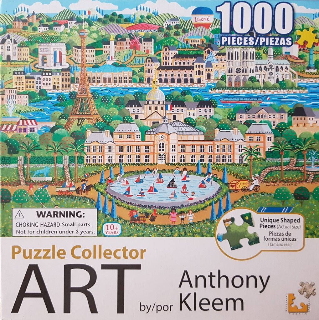 A folk-art style painting of a Parisian park scene featuring the Eiffel Tower, the Seine, and toy boats in a pond.