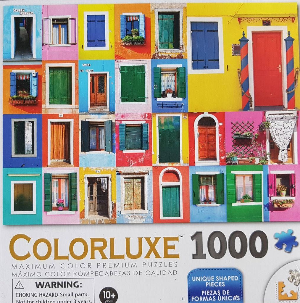 A collage of colourful Burano-style house facades with vibrant doors, windows, and shutters.