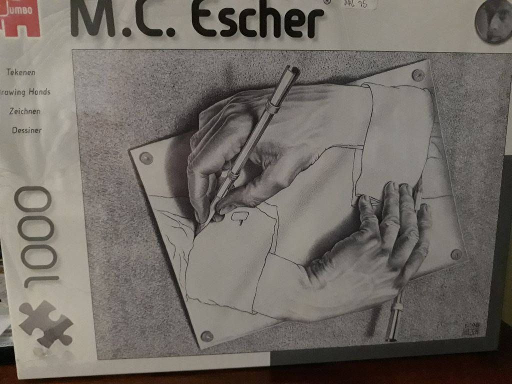 A black and white illustration of two hands drawing each other on a piece of paper.