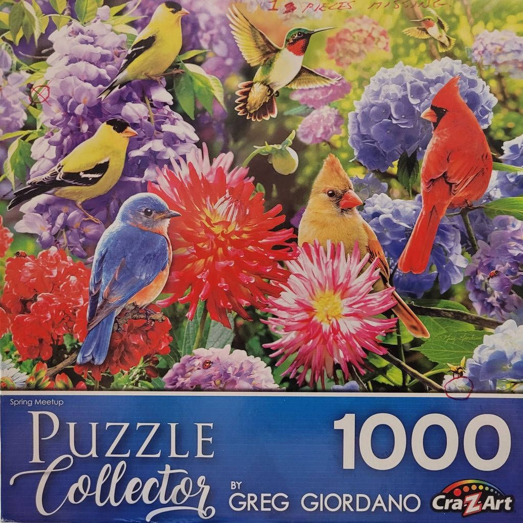 An illustration featuring a variety of colorful songbirds, including a hummingbird, cardinal, and bluebird among flowers.