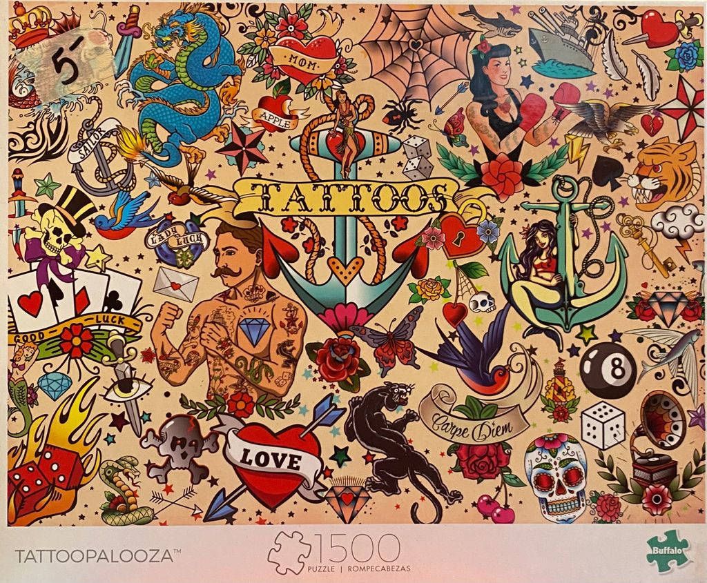 A collage of classic American traditional tattoo flash art featuring nautical, vintage, and mystic symbols.