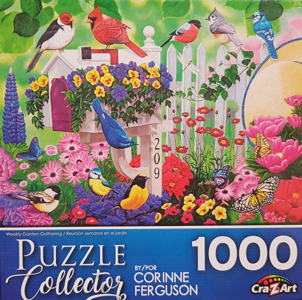 A lush garden scene filled with various colorful birds, butterflies, and blooming flowers surrounding a white mailbox.