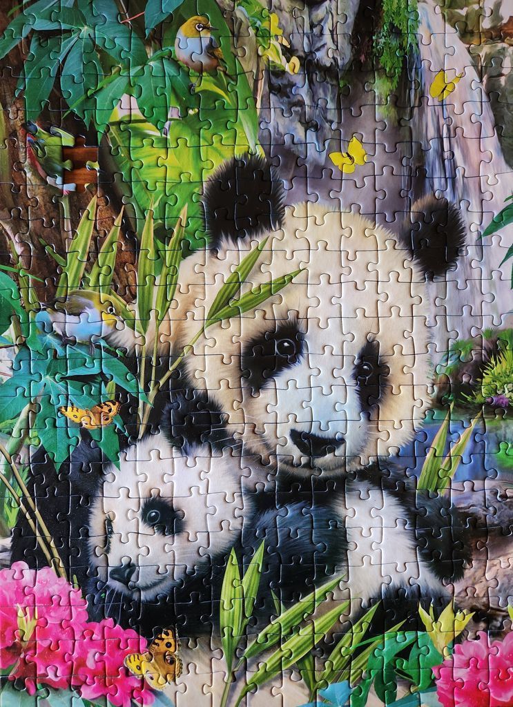 A mother panda and her cub in a lush, green forest with butterflies and small birds.