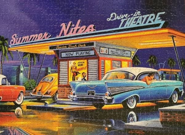 Retro illustration of a 1950s drive-in theatre at night featuring classic cars.