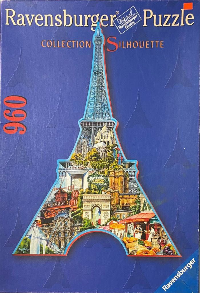 A collage of famous Parisian landmarks contained within the silhouette of the Eiffel Tower against a deep blue background.
