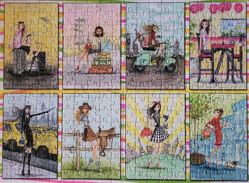 An illustration featuring eight stylish women in various travel-themed vignettes arranged in a grid.