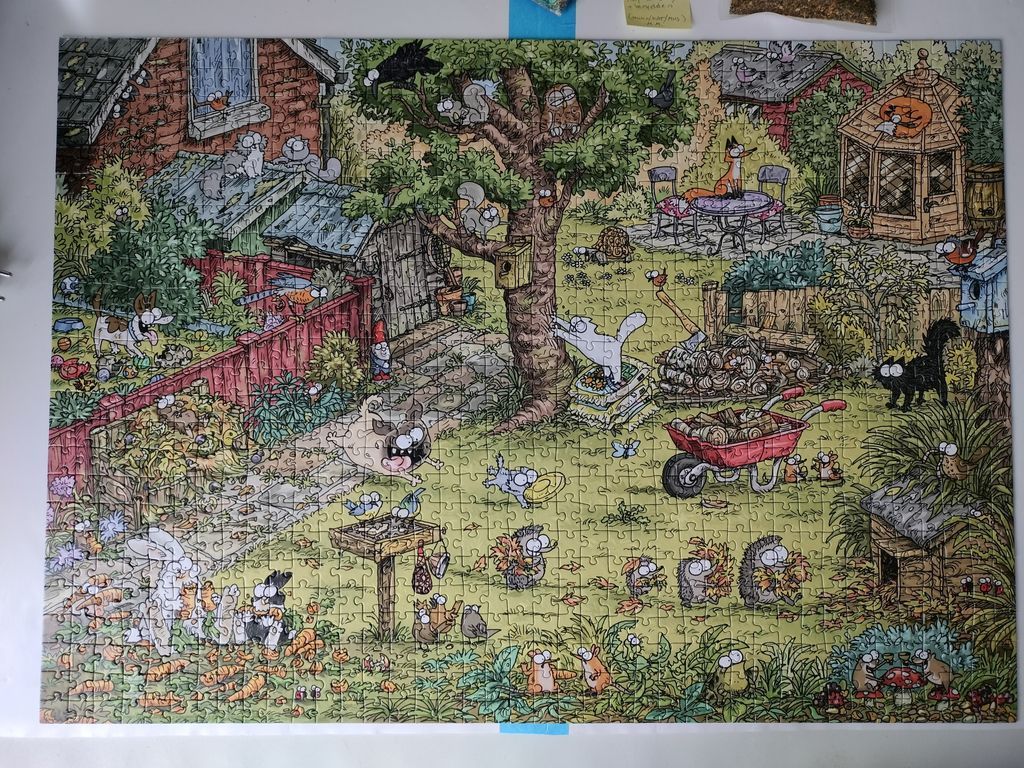 Cartoon illustration of a busy, animal-filled backyard garden.