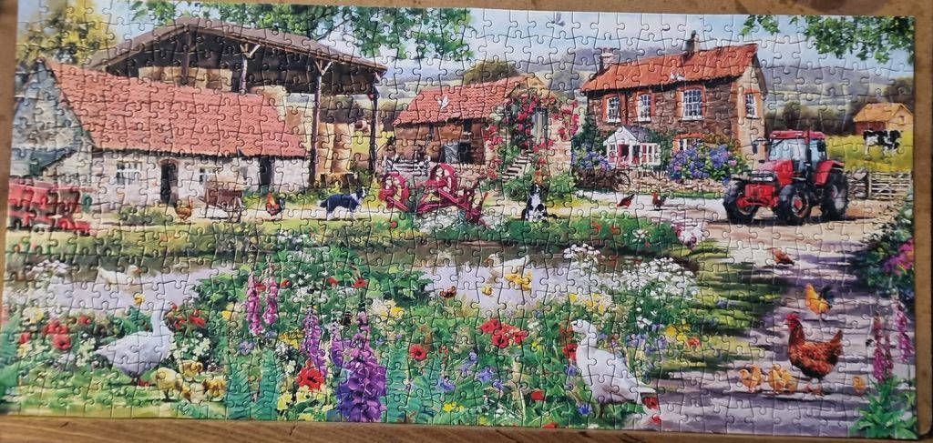 A panoramic illustration of a busy farmyard with animals, a red tractor, and a flower-filled garden.