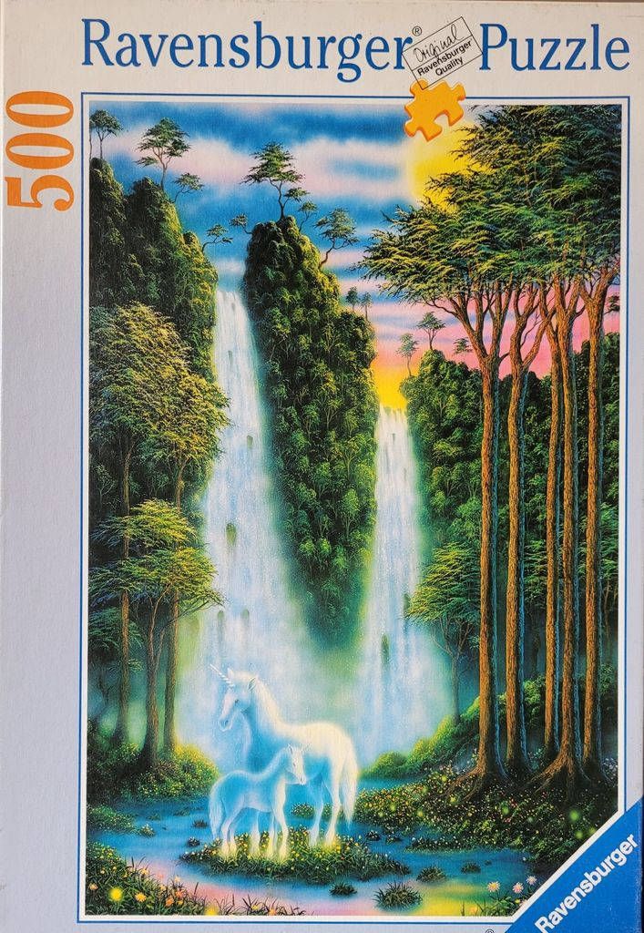 A white unicorn mare and foal standing in a lush, magical forest with twin waterfalls in the background.