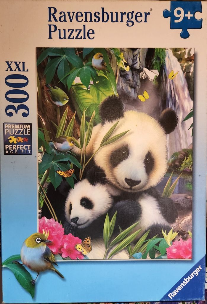 A mother panda and her cub in a lush forest with small birds and butterflies, near a waterfall.