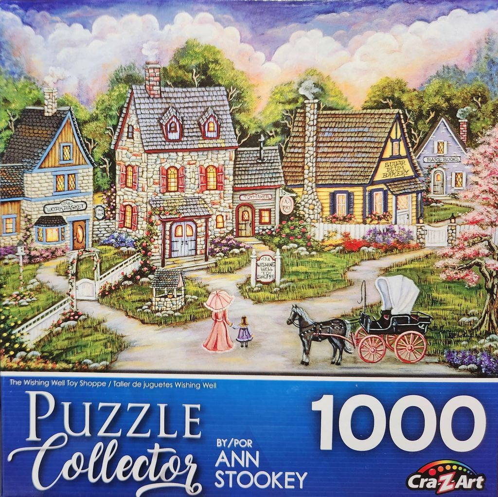 An idyllic village scene with quaint stone shops, a horse-drawn carriage, and a woman and child walking down a path.