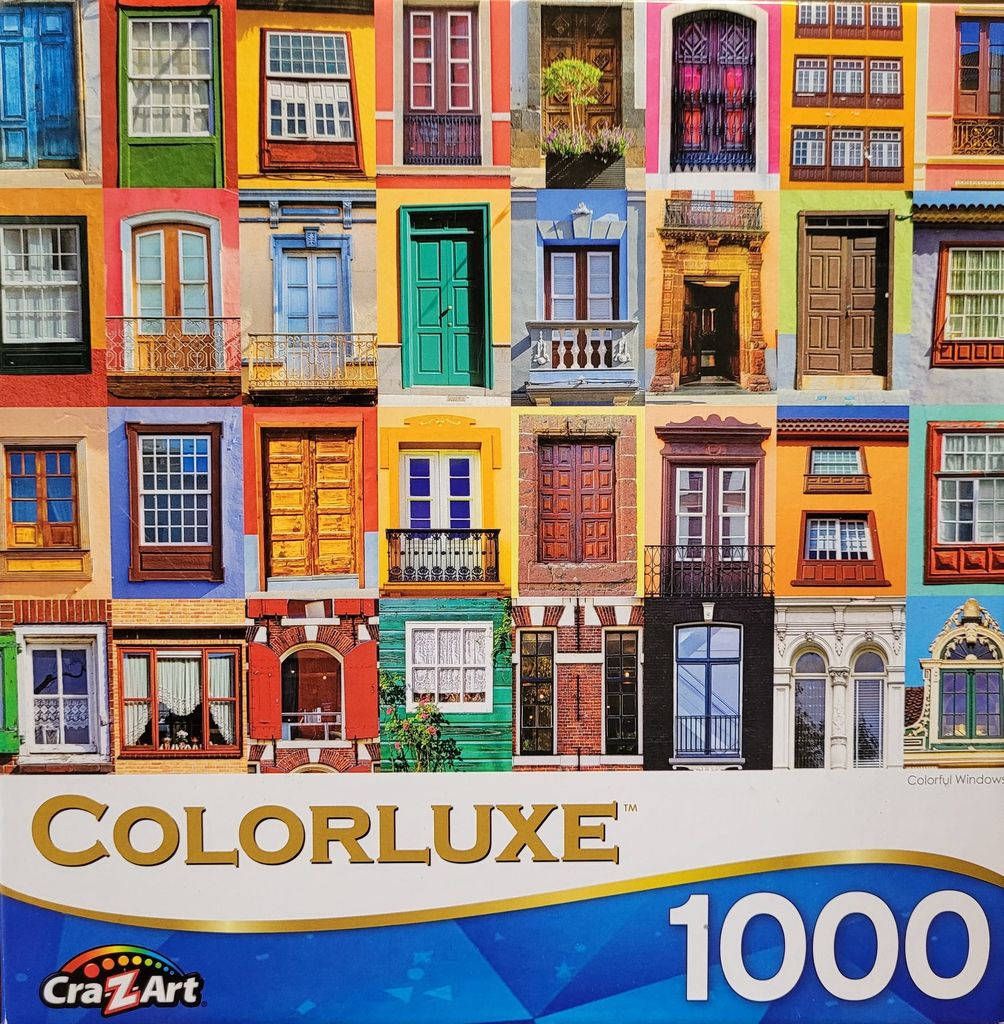 A collage of various colorful European-style windows and doors arranged in a grid pattern.