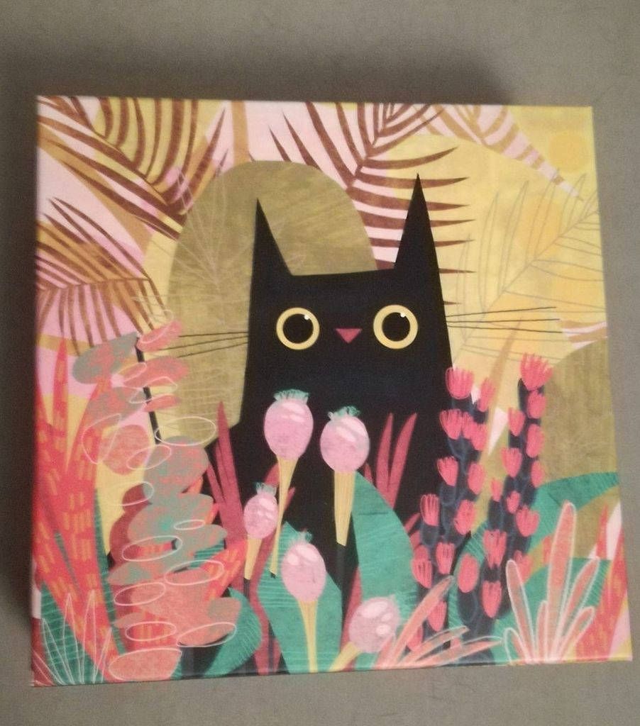 Stylized illustration of a black cat with large yellow eyes sitting in a vibrant jungle setting.