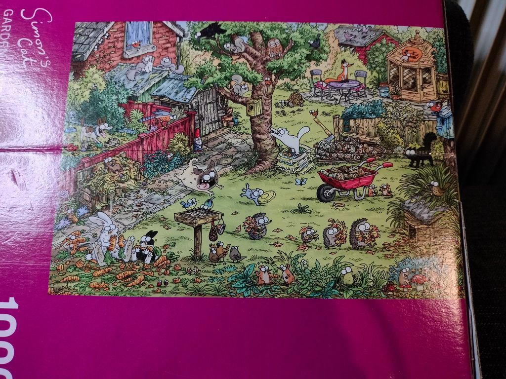 Whimsical garden scene with cats, dogs, rabbits, and hedgehogs among plants and garden tools.