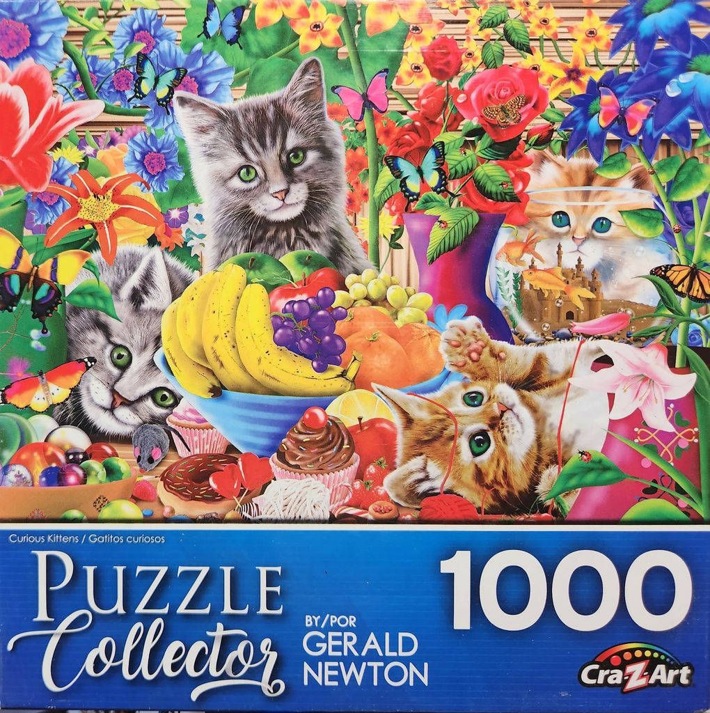 Three kittens playing in a vibrant garden scene filled with fruit, flowers, and butterflies.