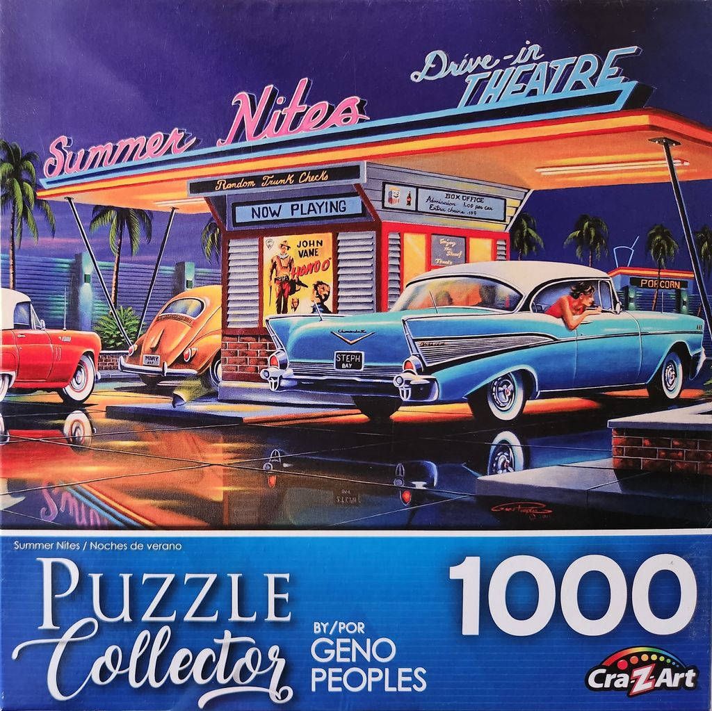 An illustration of a 1950s drive-in theater at night with vintage cars and glowing neon signs.