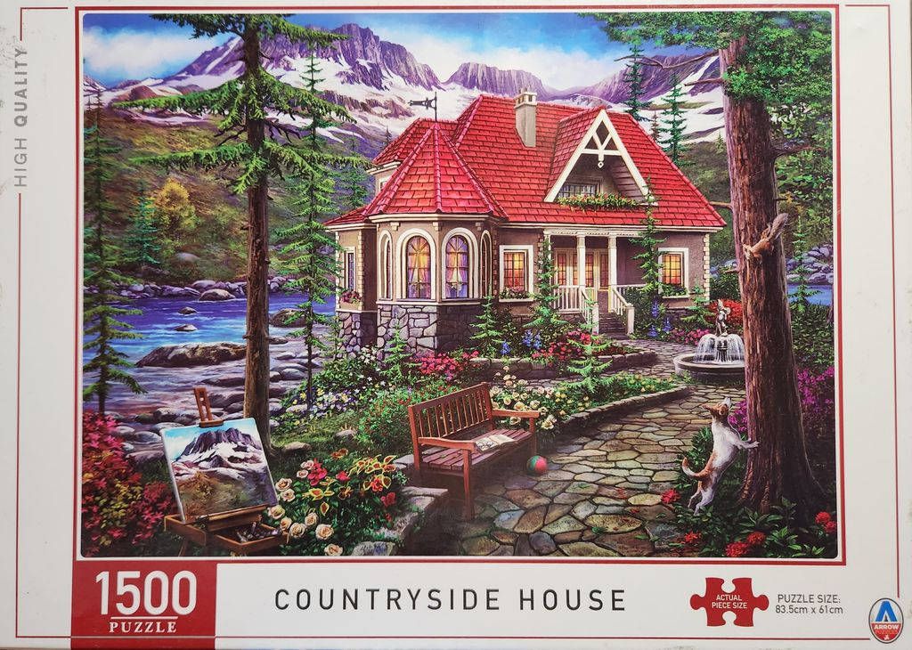 A cozy cottage with a red roof sits beside a river with a mountain backdrop, a small dog playing in the garden.