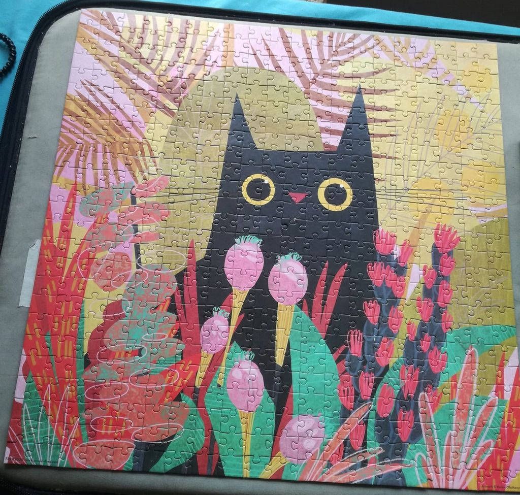 An illustration of a large, wide-eyed black cat peering through a lush, colorful tropical garden.