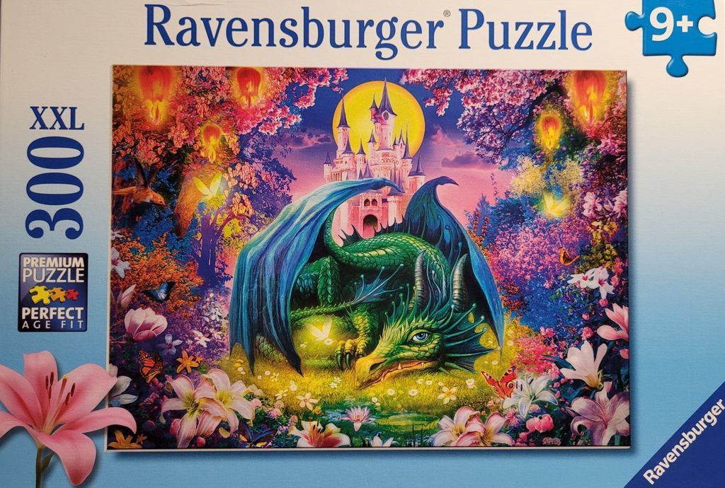 A green dragon resting in a magical, flower-filled forest with a castle in the background under a full moon.