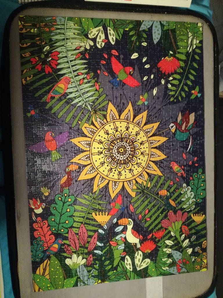 A whimsical illustration of a golden mandala sun surrounded by tropical foliage, flowers, and colorful birds.