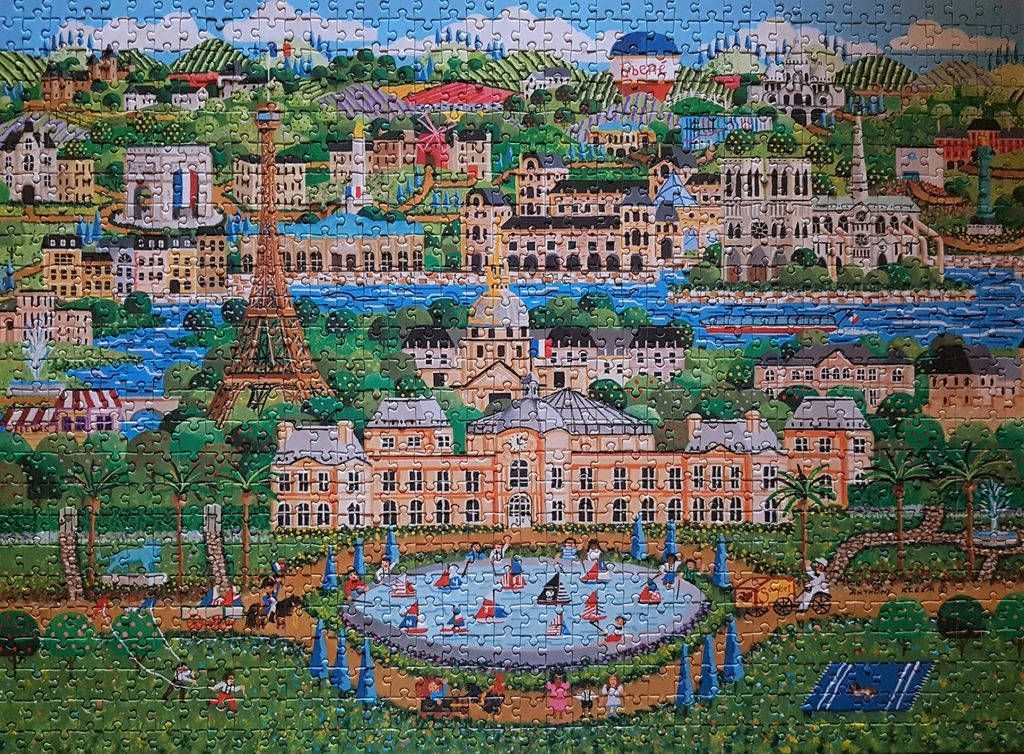 Whimsical illustration of Parisian landmarks and the Luxembourg Gardens with a central fountain.