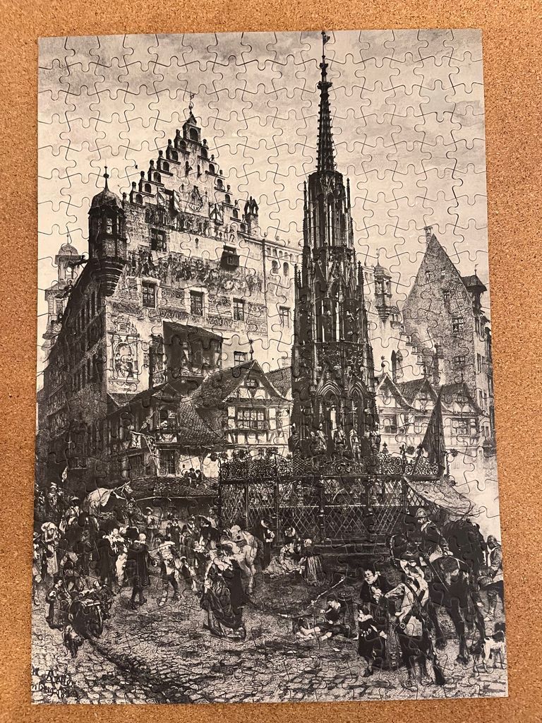 An etching of a historic market square in Nuremberg featuring the Schöner Brunnen fountain and old timber-framed buildings.