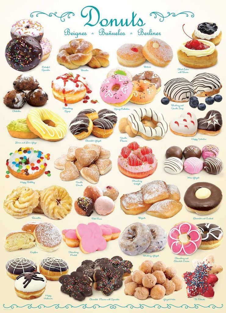 An assortment of various donuts and fried pastries organized in a grid-like layout against a cream background.