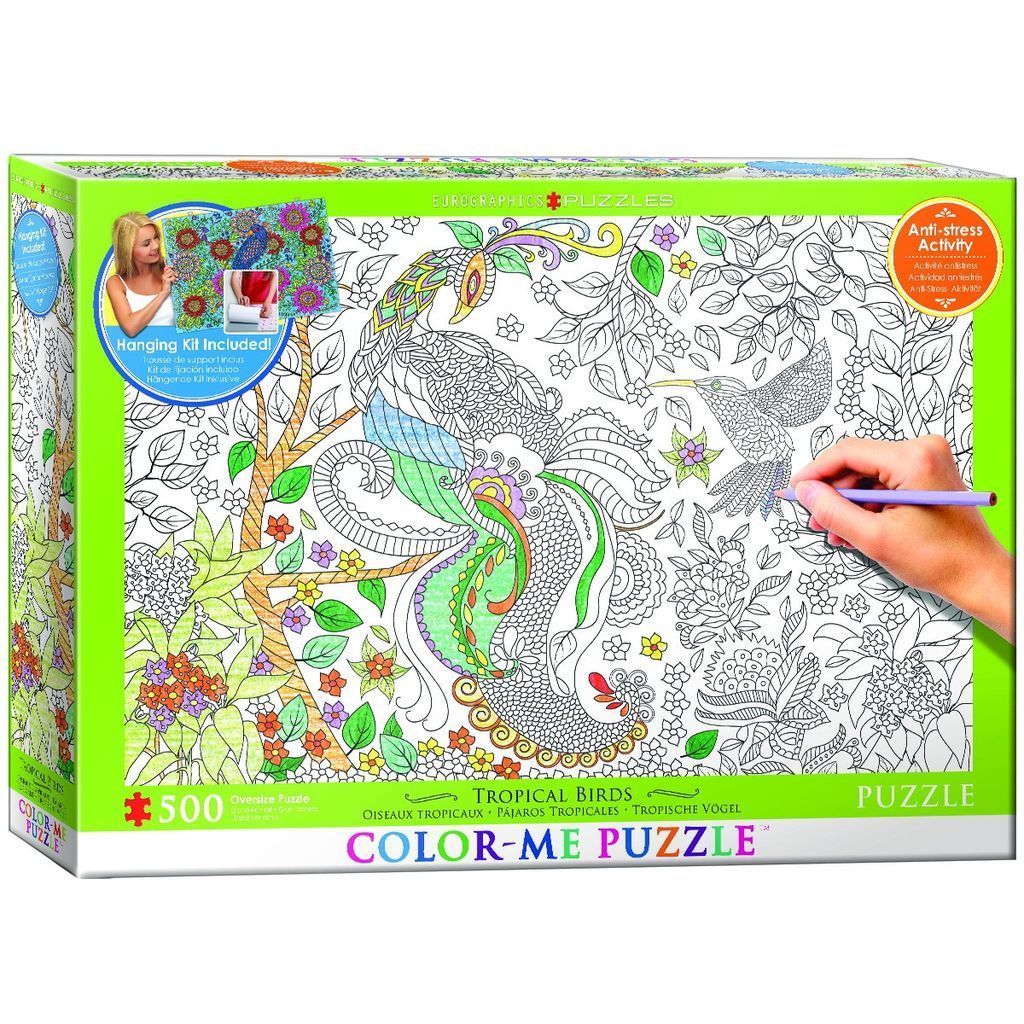 Line art illustration of a peacock and hummingbird in a jungle setting partially colored with pencils.