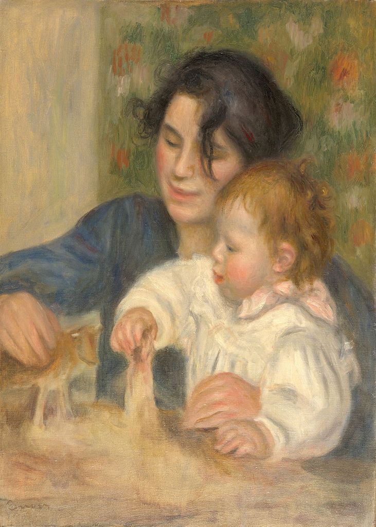 A mother and young child playing with a cat, rendered in an impressionistic style with soft, blended brushstrokes.