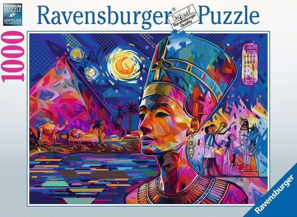 Stylized pop-art portrait of Nefertiti against a vibrant Egyptian desert landscape at night.