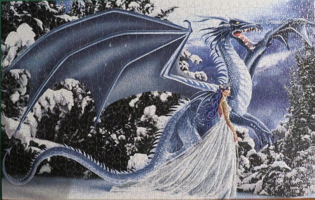 A fantasy illustration of a woman in a white wedding gown standing beside a large, blue, snow-covered dragon.