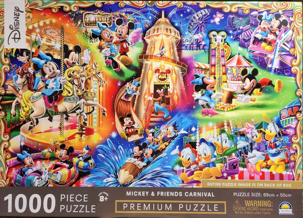 Illustration of Mickey Mouse and his friends having fun at a colorful carnival