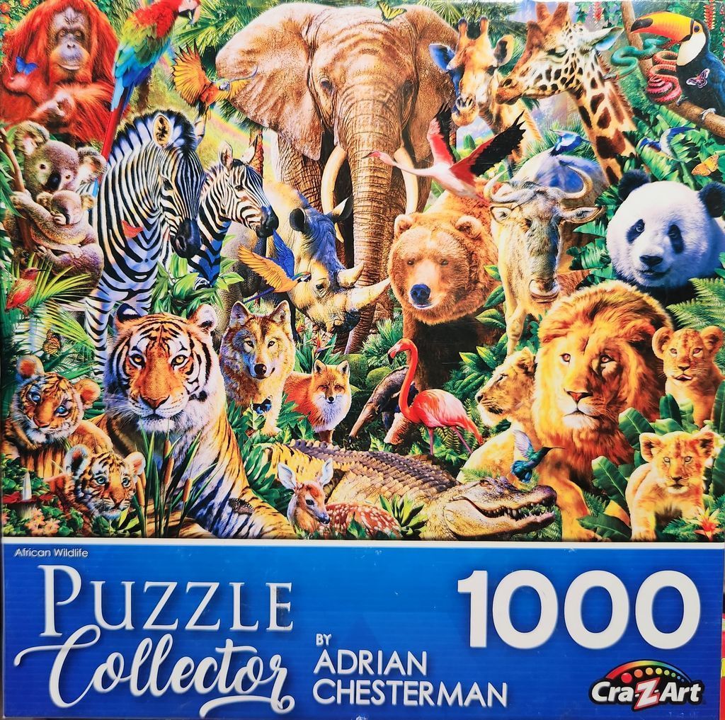 A dense wildlife scene featuring many species of animals including an elephant, tiger, zebra, lion, and panda.