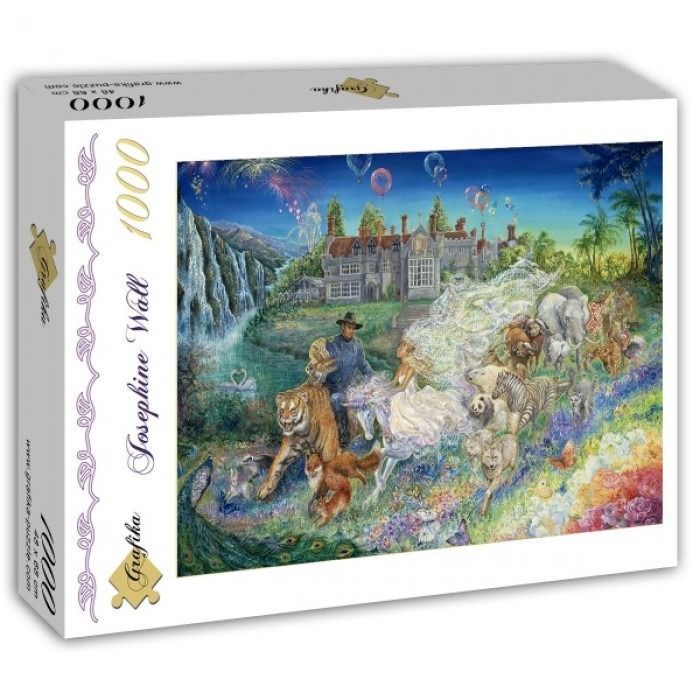 Fantasy illustration of a couple with a large menagerie of wild animals in front of a manor and waterfall.