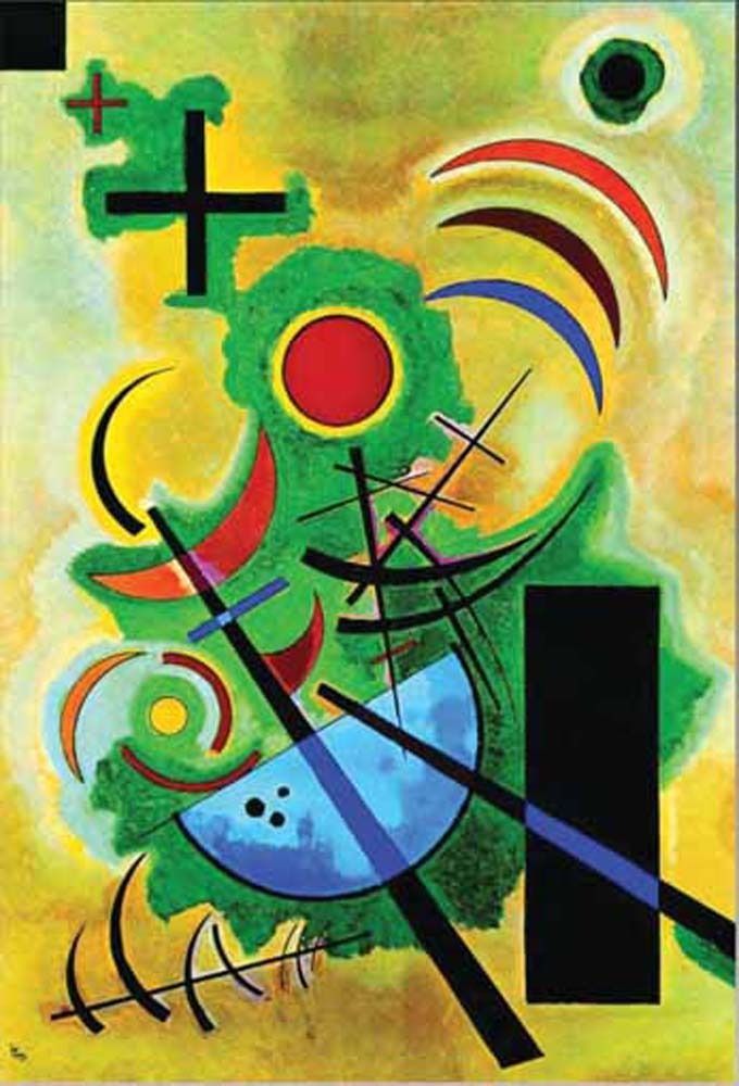 Abstract painting with geometric shapes, colorful arcs, and organic green forms on a yellow background.