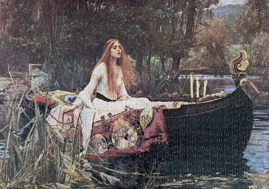 A painting of a woman with long red hair seated in a dark boat on a river, surrounded by trees.